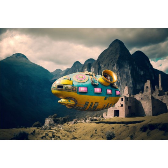 Alien spaceship flying over Machu Picchu 2 - Πίνακας σε καμβά