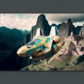 Alien spaceship flying over Machu Picchu - Πίνακας σε καμβά Κάδρα / Καμβάδες