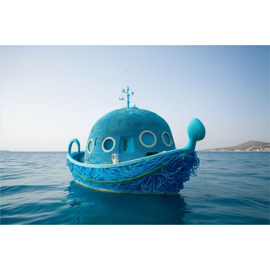 Blue boat in clear blue sea 2 - Πίνακας σε καμβά