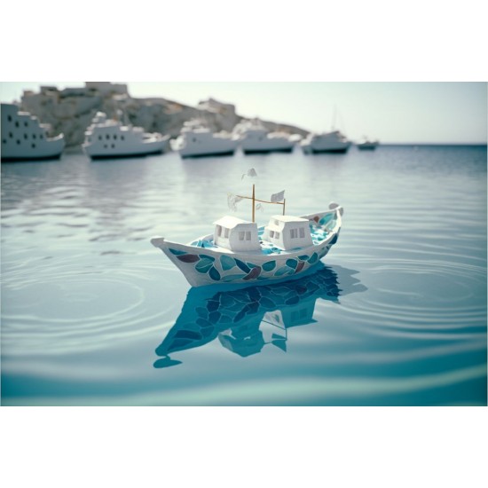 Blue boat in clear blue sea 3 - Πίνακας σε καμβά