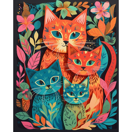 Cats in colorful flowers - Πίνακας σε καμβά