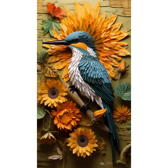 Kingfisher covered with sunflowers and leaves - Πίνακας σε καμβά