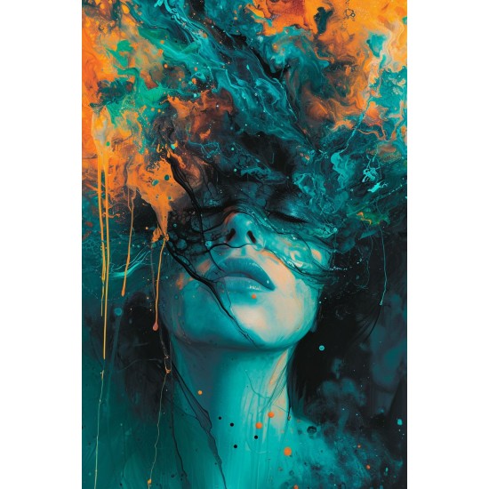 Turquoise and orange painted woman - Πίνακας σε καμβά - Πίνακας σε καμβά Κάδρα / Καμβάδες