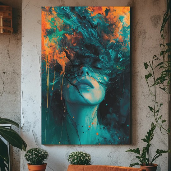 Turquoise and orange painted woman - Πίνακας σε καμβά