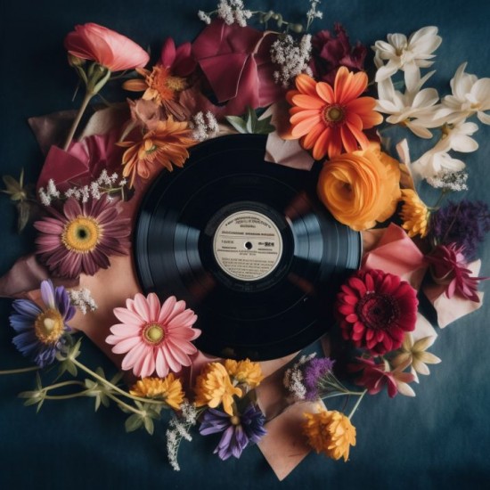Vinyl record surrounded by dark gorgeous flowers - Πίνακας σε καμβά