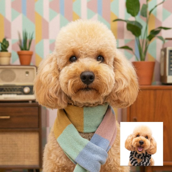 wes anderson style πορτρέτο γυναίκας με σκύλο παστέλ χρώματα συμμετρία και vintage ρούχα ai art