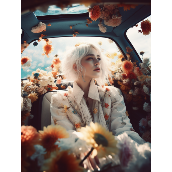 Woman in car full of flowers - Πίνακας σε καμβά