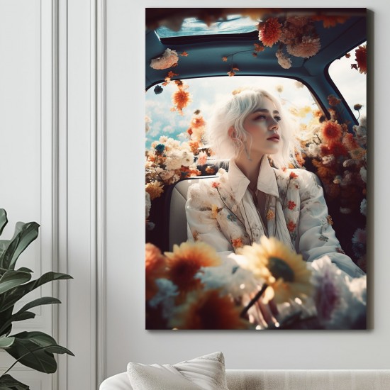 Woman in car full of flowers - Πίνακας σε καμβά