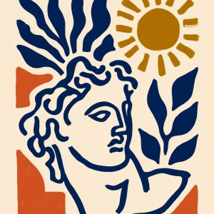 Αρχαίο κεφάλι με ήλιο και φύλλα - Πίνακας σε καμβά Αρχαίο κεφάλι με ήλιο και φύλλα - Πίνακας σε καμβά