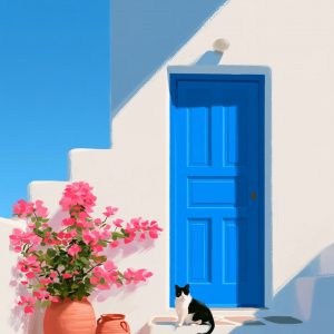 Μπλε πόρτα με μπουκαμβίλια και γάτα - Πίνακας σε καμβά