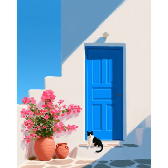Μπλε πόρτα με μπουκαμβίλια και γάτα - Πίνακας σε καμβά