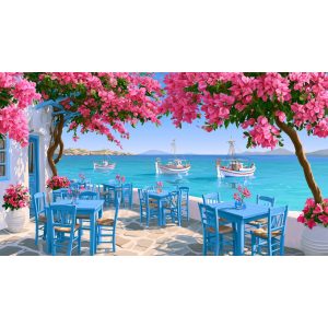 Ταβέρνα με μπλε καρέκλες - Πίνακας σε καμβά
