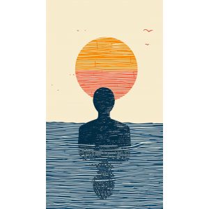 Φιγούρα στο νερό με κόκκινο ήλιο - Πίνακας σε καμβά