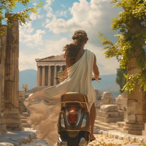 Κοπέλα με βέσπα στην Ακρόπολη - Πίνακας σε καμβά