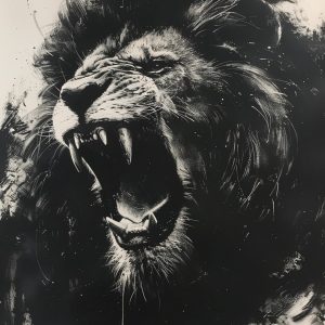 Λιοντάρι που βρυχάται σε κάρβουνο - Πίνακας σε καμβά