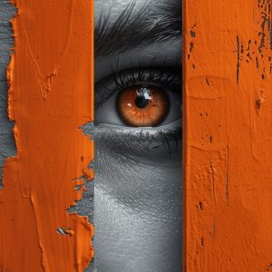 Μάτι πίσω από πορτοκαλί σανίδες - Πίνακας σε καμβά