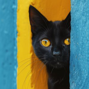 Μαύρη γάτα σε κίτρινο τοίχο - Πίνακας σε καμβά