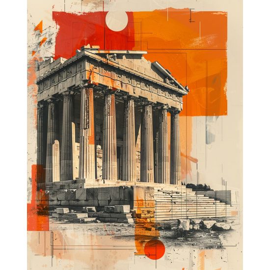 Παρθενώνας σε πορτοκαλί κολάζ - Πίνακας σε καμβά