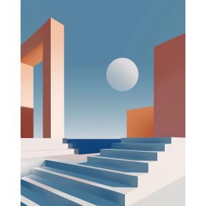Σκαλιά σε μπλε και κοραλί - Πίνακας σε καμβά