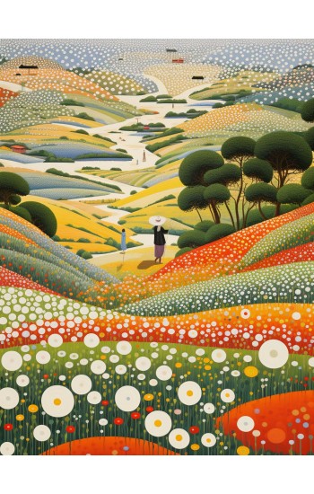 Walking beside flower field - Πίνακας σε καμβά