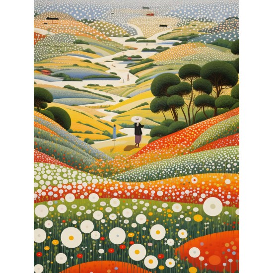 Walking beside flower field - Πίνακας σε καμβά