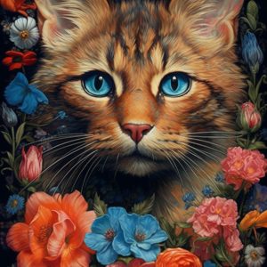 Cat in colorful flowers - Πίνακας σε καμβά