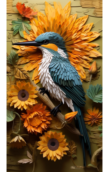 Kingfisher covered with sunflowers and leaves - Πίνακας σε καμβά