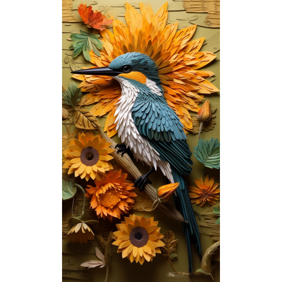Kingfisher covered with sunflowers and leaves - Πίνακας σε καμβά Κάδρα / Καμβάδες