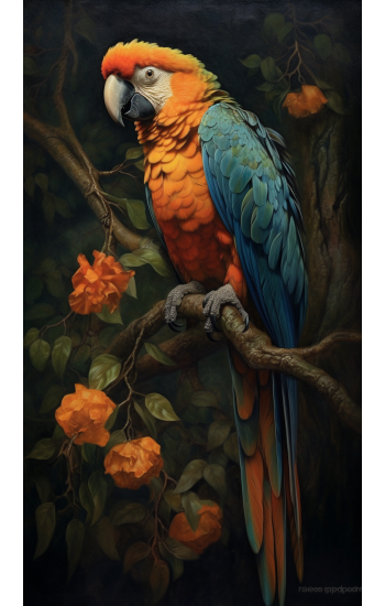 Parrot sitting on the tree 2 - Πίνακας σε καμβά