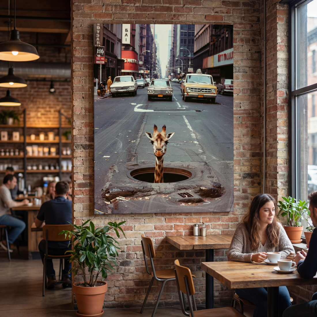Surreal πίνακας καμβά Road Giraffe για επαγγελματικό χώρο