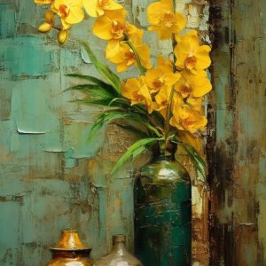Antique metallic vases with yellow orchids - Πίνακας σε καμβά Antique metallic vases with yellow orchids - Πίνακας σε καμβά
