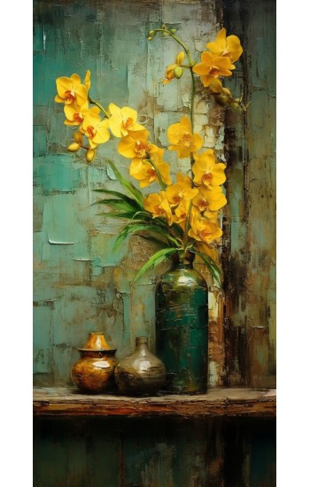 Antique metallic vases with yellow orchids - Πίνακας σε καμβά