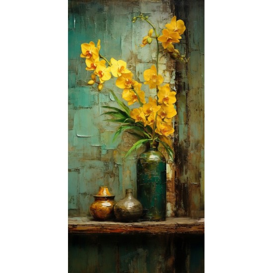 Antique metallic vases with yellow orchids - Πίνακας σε καμβά