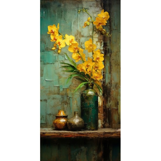Antique metallic vases with yellow orchids - Πίνακας σε καμβά Κάδρα / Καμβάδες