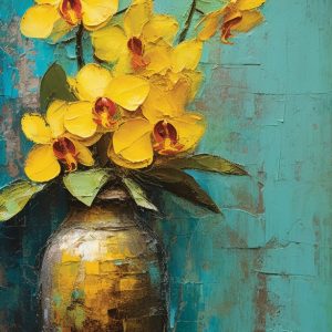 Antique vase with yellow orchids - Πίνακας σε καμβά