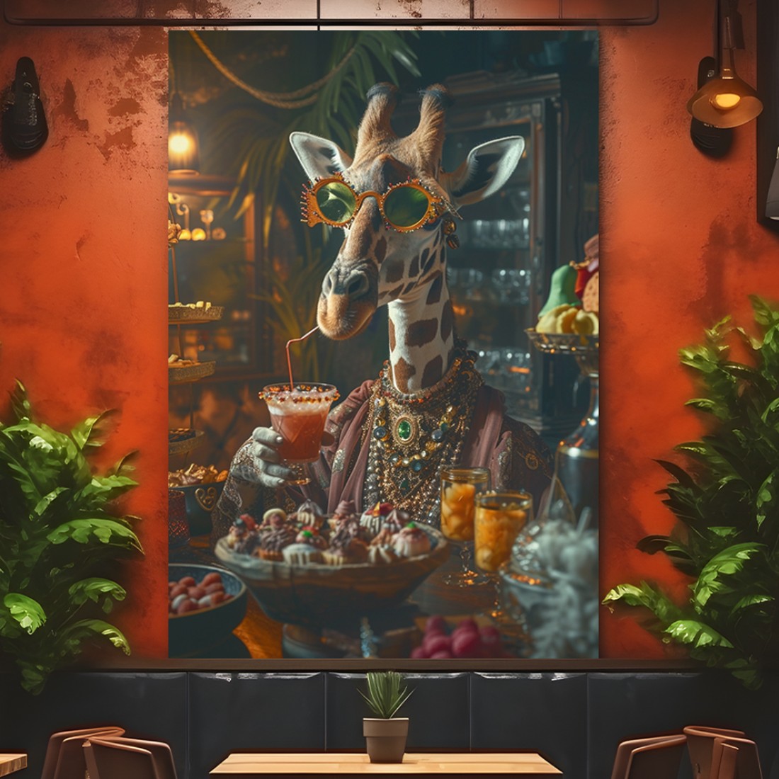 Πίνακας καμβά Giraffe Cocktail για διακόσμηση καταστήματος