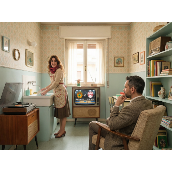 wes anderson style πορτρέτο γυναίκας με σκύλο παστέλ χρώματα συμμετρία και vintage ρούχα ai art