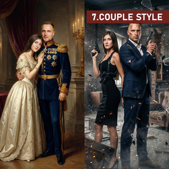 couple portrait royal style bridgerton και action spy style mr and mrs smith ai art