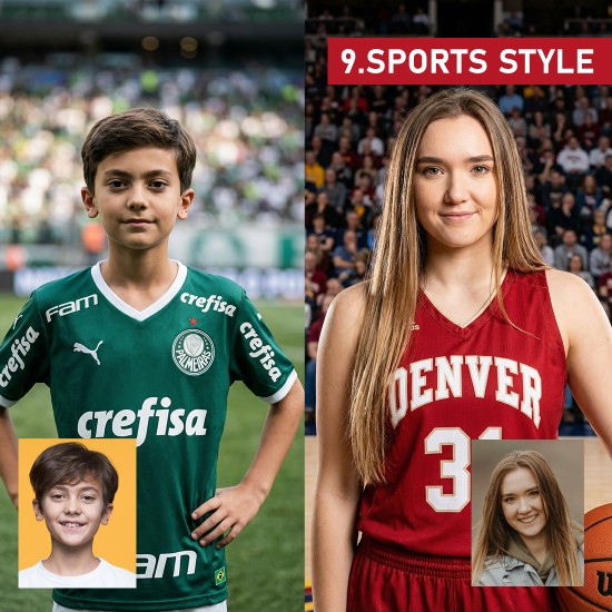 sports star portrait παιδί ποδοσφαιριστής και γυναίκα μπασκετμπολίστρια με φανέλες ομάδας ai