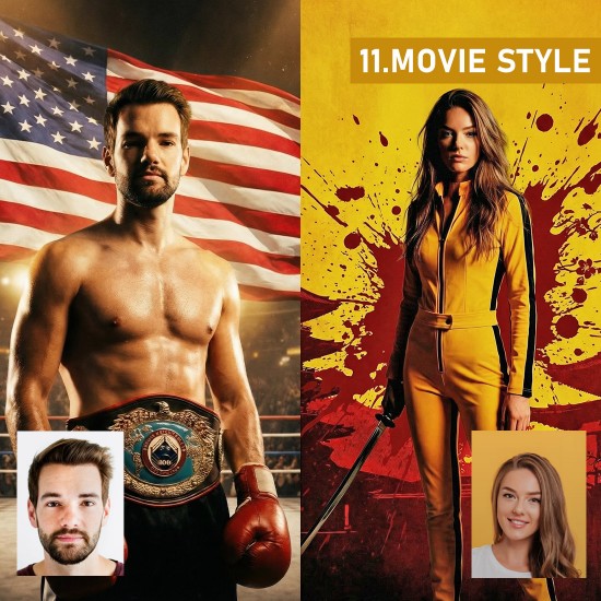 movie icon πορτρέτο άντρας μποξέρ rocky style και γυναίκα kill bill style ai poster
