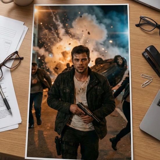 action hero πορτρέτο άντρας σε καταδίωξη με αυτοκίνητο και έκρηξη hollywood style ai