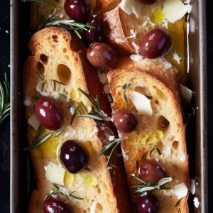 Pan of slices of bread with olives - Πίνακας σε καμβά