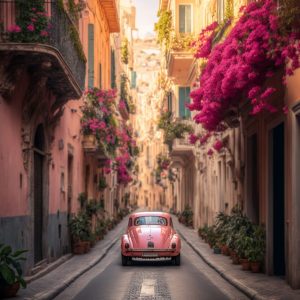 Antique pink car 2 - Πίνακας σε καμβά