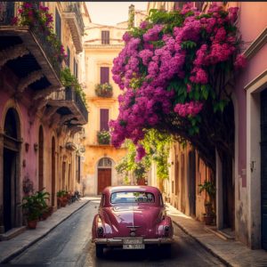 Antique pink car - Πίνακας σε καμβά