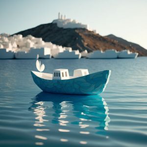 Blue boat in clear blue sea - Πίνακας σε καμβά