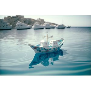 Blue boat in clear blue sea 3 - Πίνακας σε καμβά