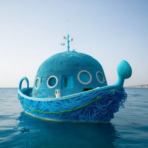 Blue boat in clear blue sea 2 - Πίνακας σε καμβά