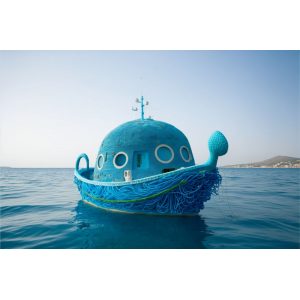Blue boat in clear blue sea 2 - Πίνακας σε καμβά