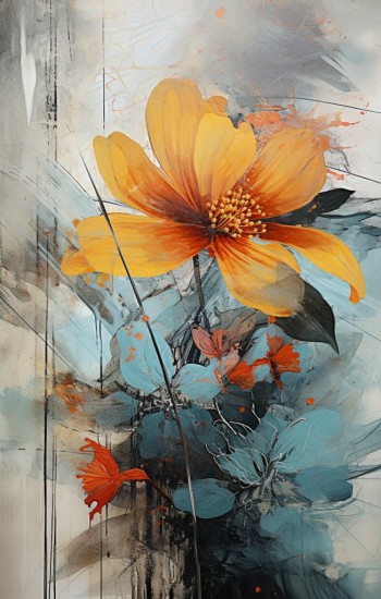 Orange painting flowers - Πίνακας σε καμβά