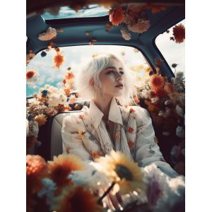 Woman in car full of flowers - Πίνακας σε καμβά Woman in car full of flowers - Πίνακας σε καμβά